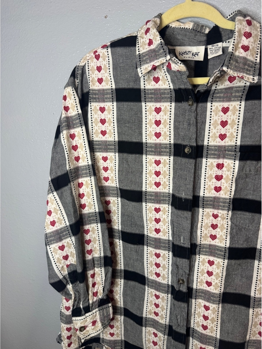 Vintage Krazy Kat Heart Plaid Button Up Shirt Women’s Size 18/20 Cotton - Picture 4 of 6